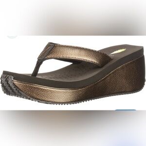 Metallic Bronze Wedge Flip Flop Sandals - Women